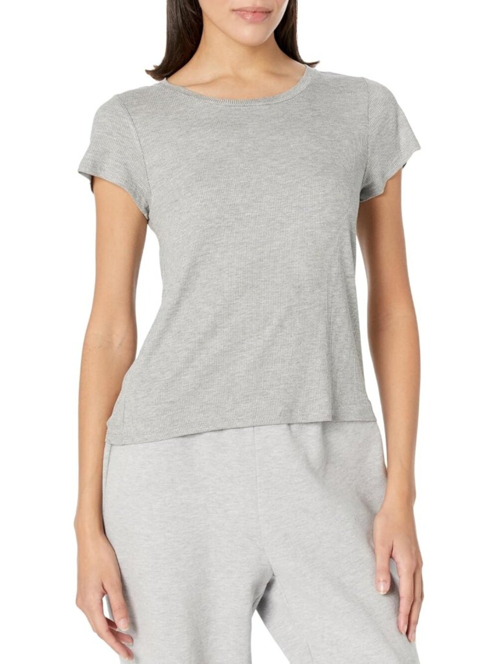 Steve Madden Women's Heather Grey Ribbed Crew Neck Short Sleeve Sleep T Shirt